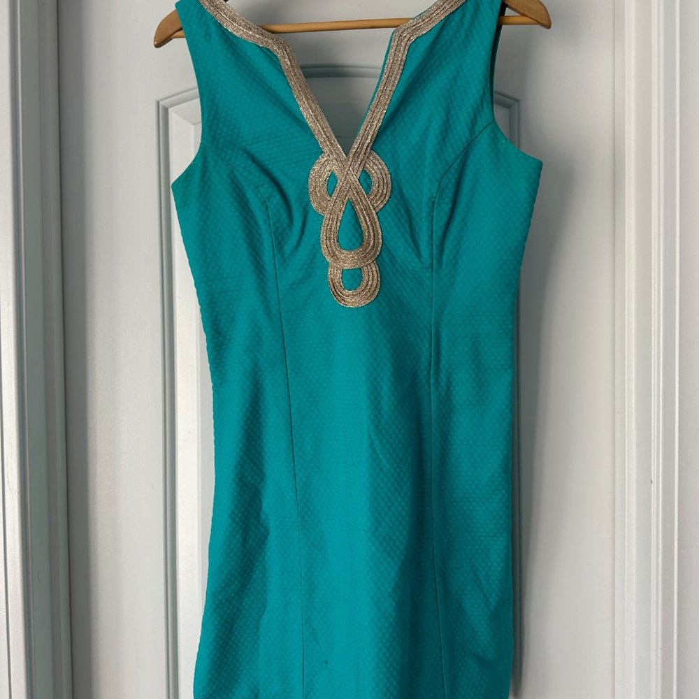 Lilly Pulitzer Janice Shift Dress, Teal and Gold, Size 6 - Picture 3 of 6